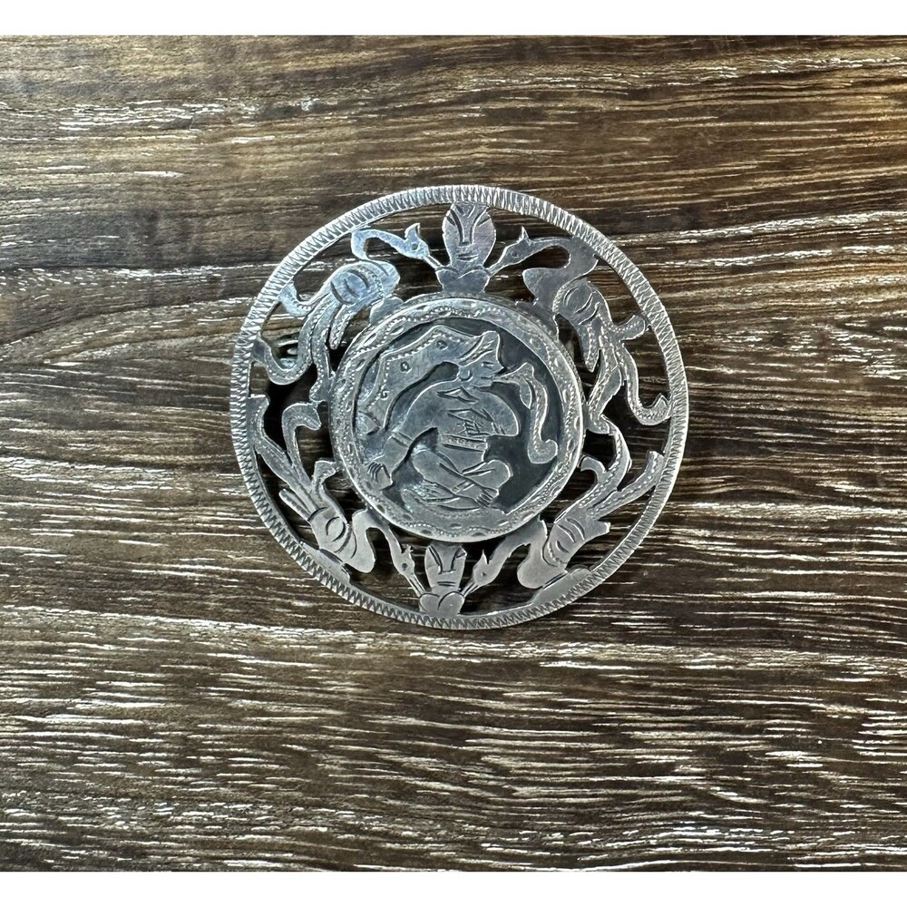 Handmade Vintage Antique 900 Silver Guatemala Aztec God Warrior Pin Brooch